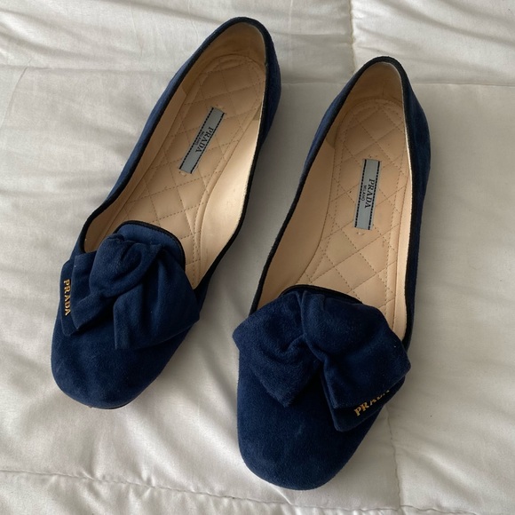 Prada Navy Suede Bow Ballet Loafer Flat - Picture 1 of 5
